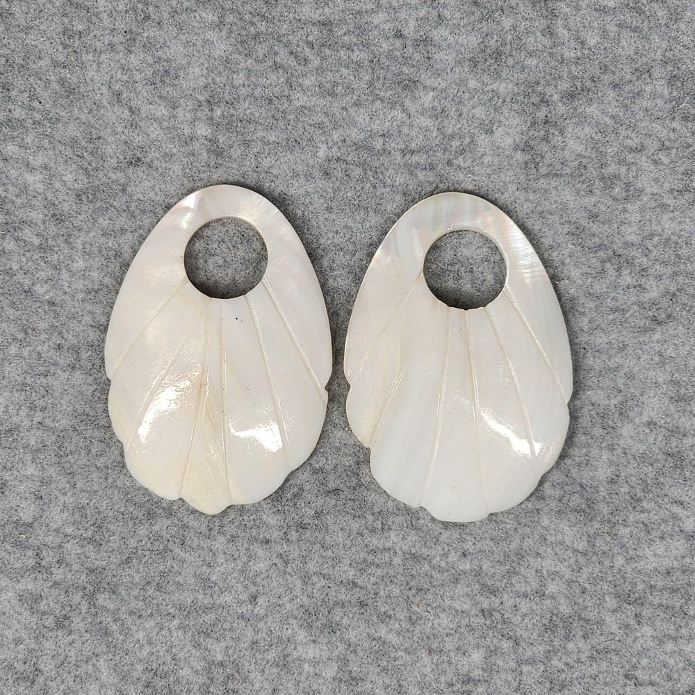 Vintage Carved Mother of Pearl Shell Earring Components Pendant Blanks Pair 1.5"